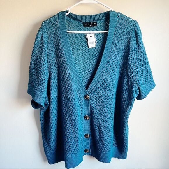 Lane Bryant Teal Blue Open Knit Short Sleeve Cardigan Sweater NWT - Picture 1 of 5